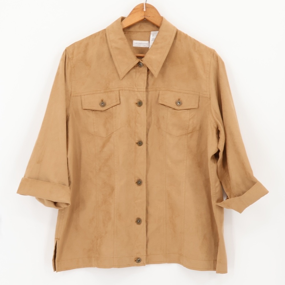 Liz Claibourne Tan Faux Vegan Suede Utility Shacket Womens Size XL Western Retro
